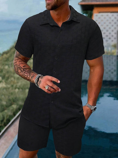 Men's Spring/Summer Striped Two-Piece Suit - Casual Short-Sleeve Shirt & Shorts - Buy Center US