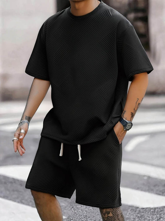 Trendy Summer Loose Men's Casual T-Shirt Set - Round Neck, Solid Color - Buy Center US