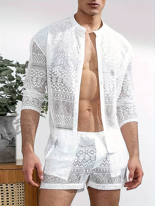 Men's Lace Sheer 2-Piece Shirt and Shorts Set - Sexy Summer Outfit - Buy Center US