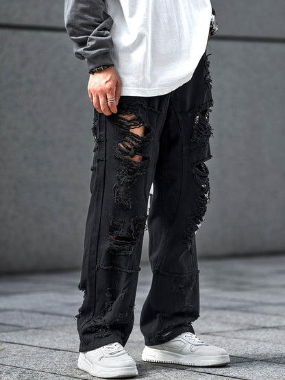 Urban Chic Men's Ripped Jeans - Loose Fit Wide Leg Design for Casual Wear - Buy Center US