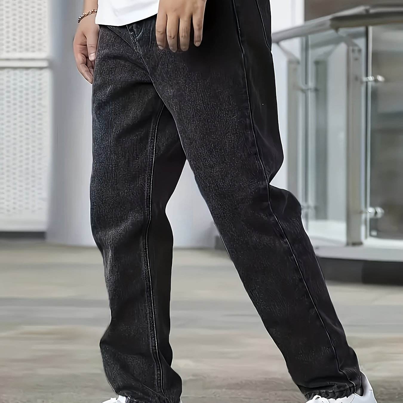 Men's Loose Fit Straight Leg Jeans - Washed Black Cotton Blend, Casual Style - Buy Center US
