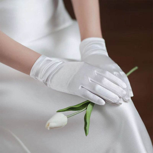 White Satin Short Gloves with Lace & Pearl - Elegant Fashion Accessory - Buy Center US