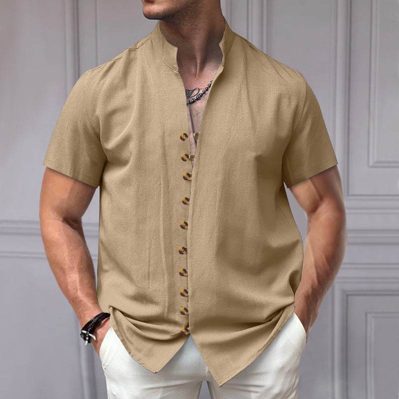 Buycenter Linen Button Stand Collar Shirt - Short Sleeve, Loose Fit - Buy Center US