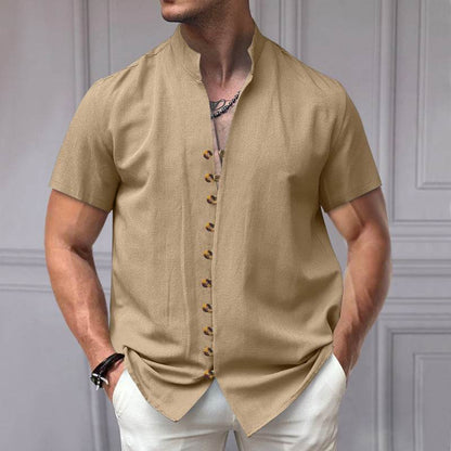 Buycenter Linen Button Stand Collar Shirt - Short Sleeve, Loose Fit - Buy Center US