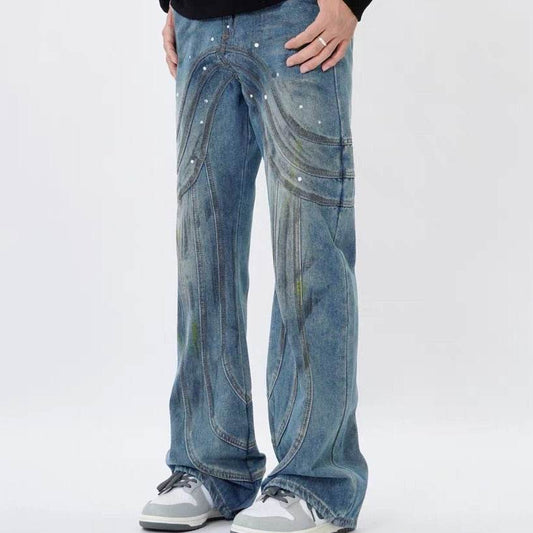 Men's Loose Design Stitching Jeans - Mid Waist Comfortable Denim - Buy Center US