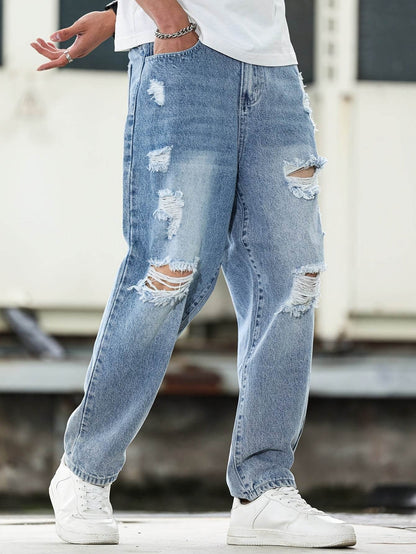 American Style Ripped Vintage Washed Jeans - Loose Fit Casual Comfort - Buy Center US