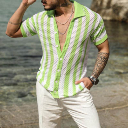 Men's Casual Loose Striped Polo Shirt – Short Sleeve, Ice Silk Fabric - Buy Center US