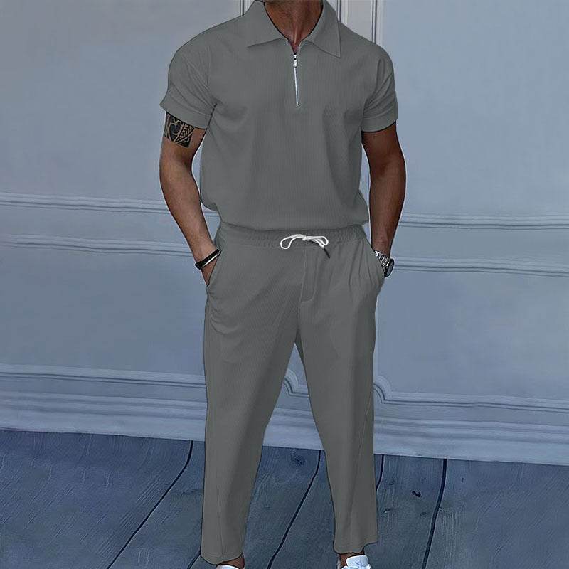 Stylish Men's Polo Collar Trousers Suit - Short Sleeve, Solid Colors - Buy Center US