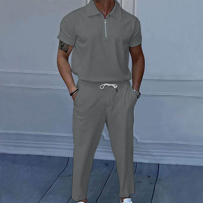 Stylish Men's Polo Collar Trousers Suit - Short Sleeve, Solid Colors - Buy Center US