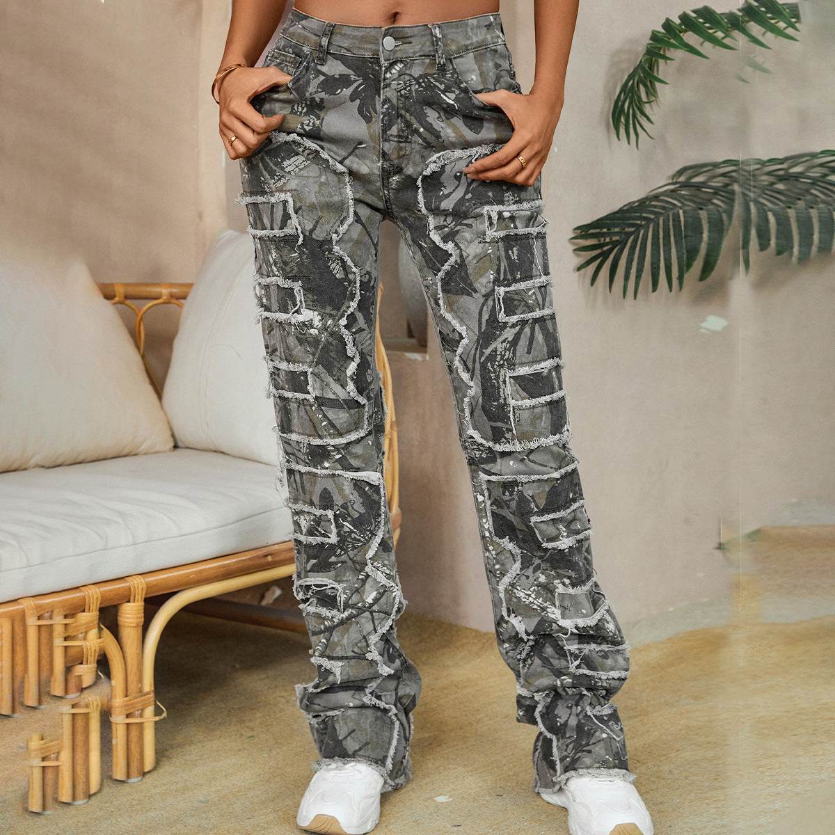 Women's Embroidered Straight-Leg Jeans - Fashionable Patchwork Design - Buy Center US