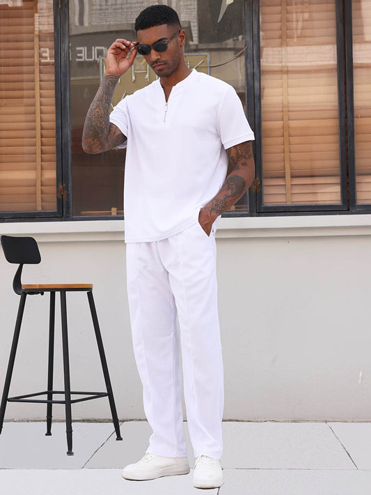 Men's 2-Piece Casual Golf Set - Short Sleeve Henley & Pants, Breathable - Buy Center US