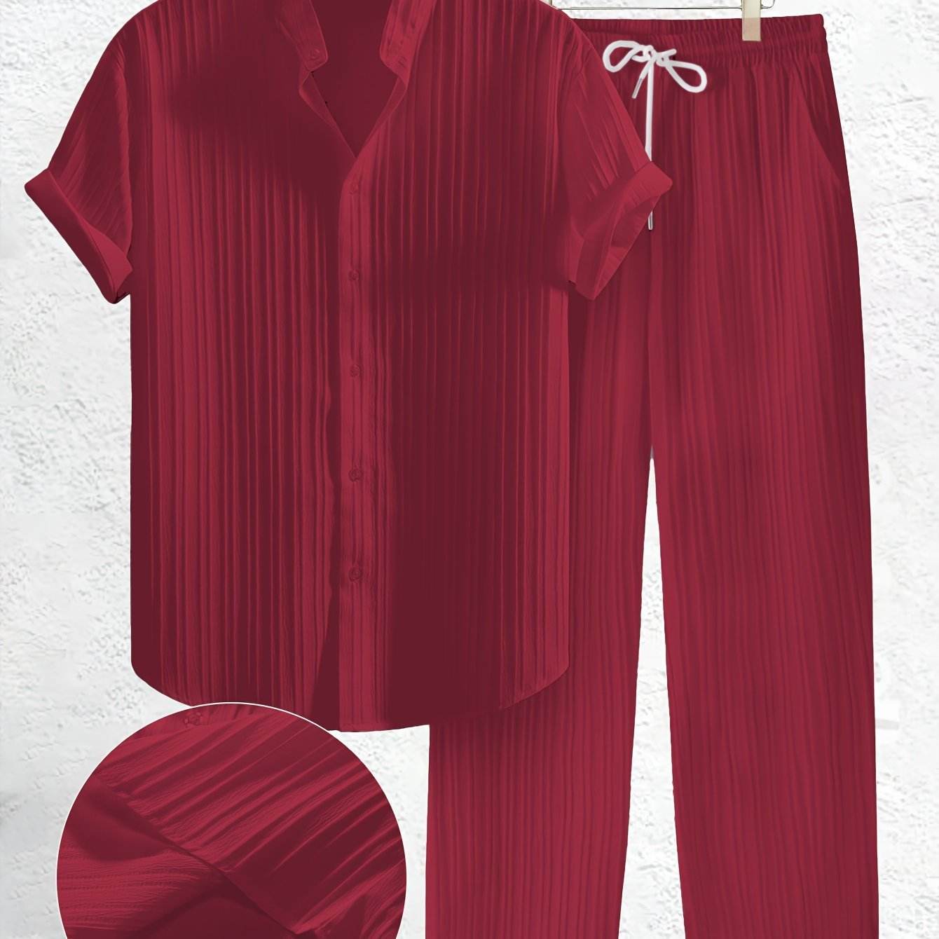 Men's Casual Summer Co-ord Set - Short Sleeve Shirt & Pants, Solid Color - Buy Center US
