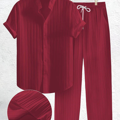 Men's Casual Summer Co-ord Set - Short Sleeve Shirt & Pants, Solid Color - Buy Center US
