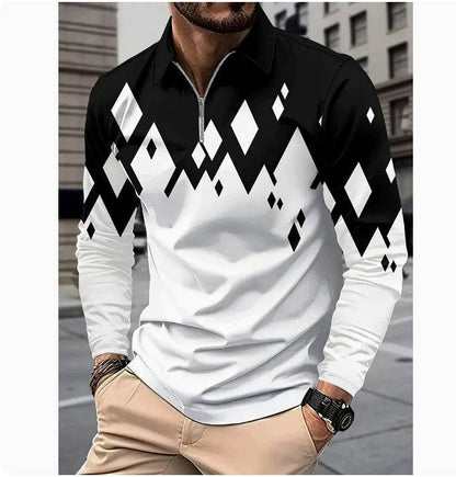 Men's Long Sleeve Color Matching Polo Shirt with Zipper - Casual Fashion - Buy Center US