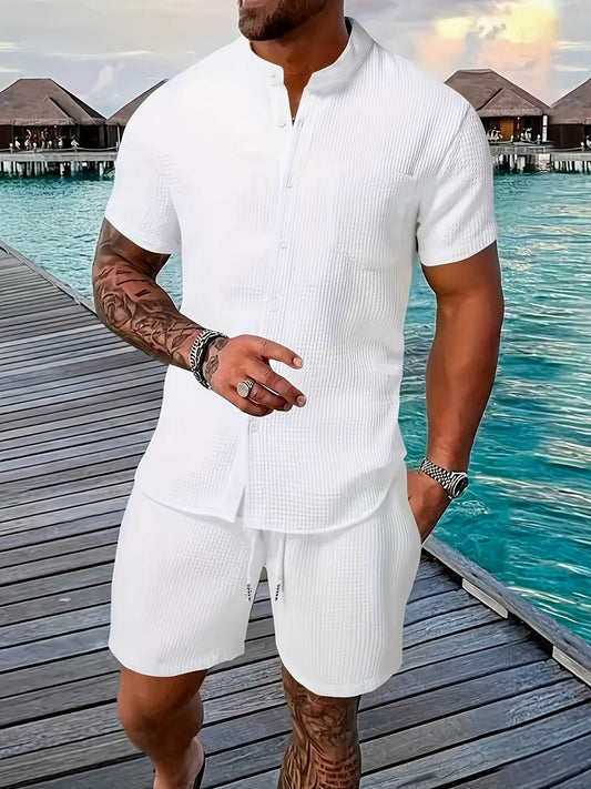 Men's Solid Color Jacquard Shirt & Drawstring Shorts Set - Casual Style - Buy Center US