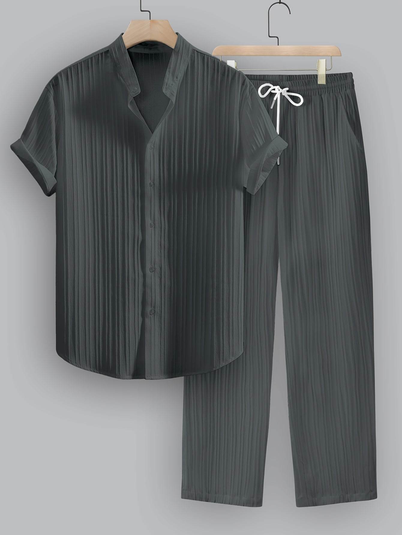 Men's Summer Casual Outfit Set - Striped Short Sleeve Shirt & Drawstring Pants - Buy Center US
