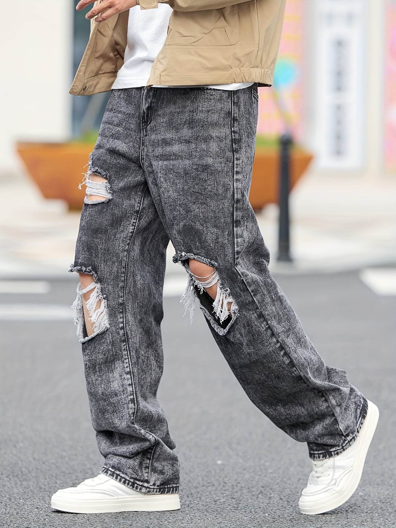 Men's Casual Wide-Leg Denim Jeans - Dark Grey Ripped Trousers, All-Season - Buy Center US