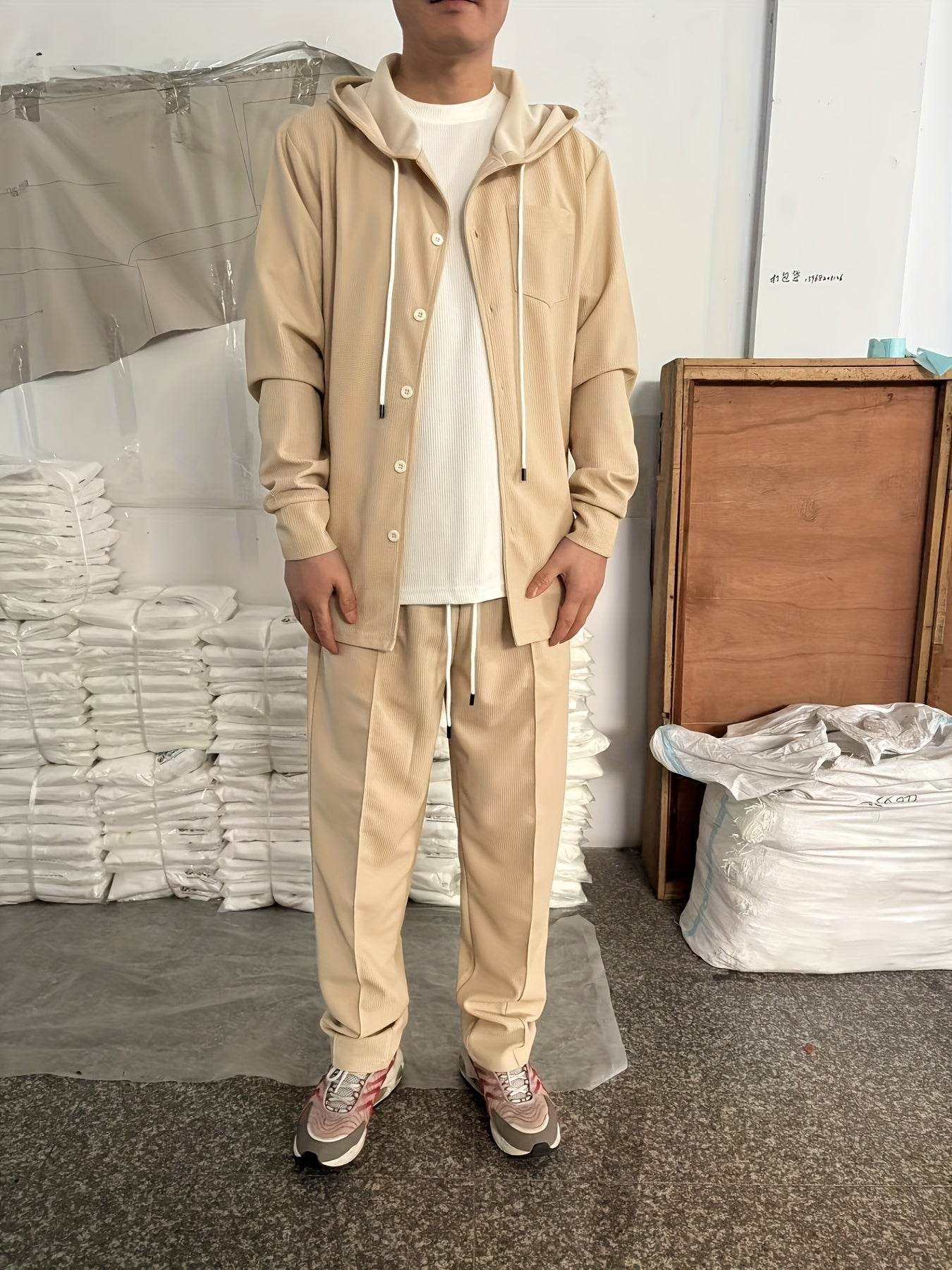 Men's Two-Piece Waffle Knit Set - Hooded Cardigan & Drawstring Pants - Buy Center US