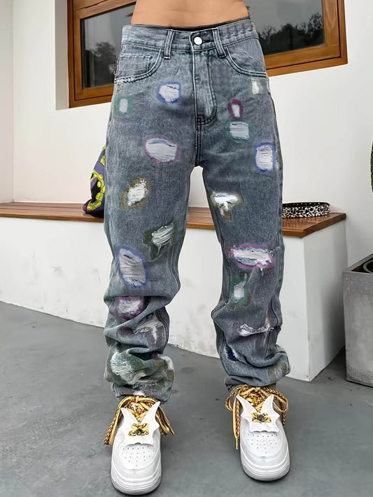 Men’s Distressed Straight Leg Jeans - Loose Fit, All-Season Casual Wear - Buy Center US