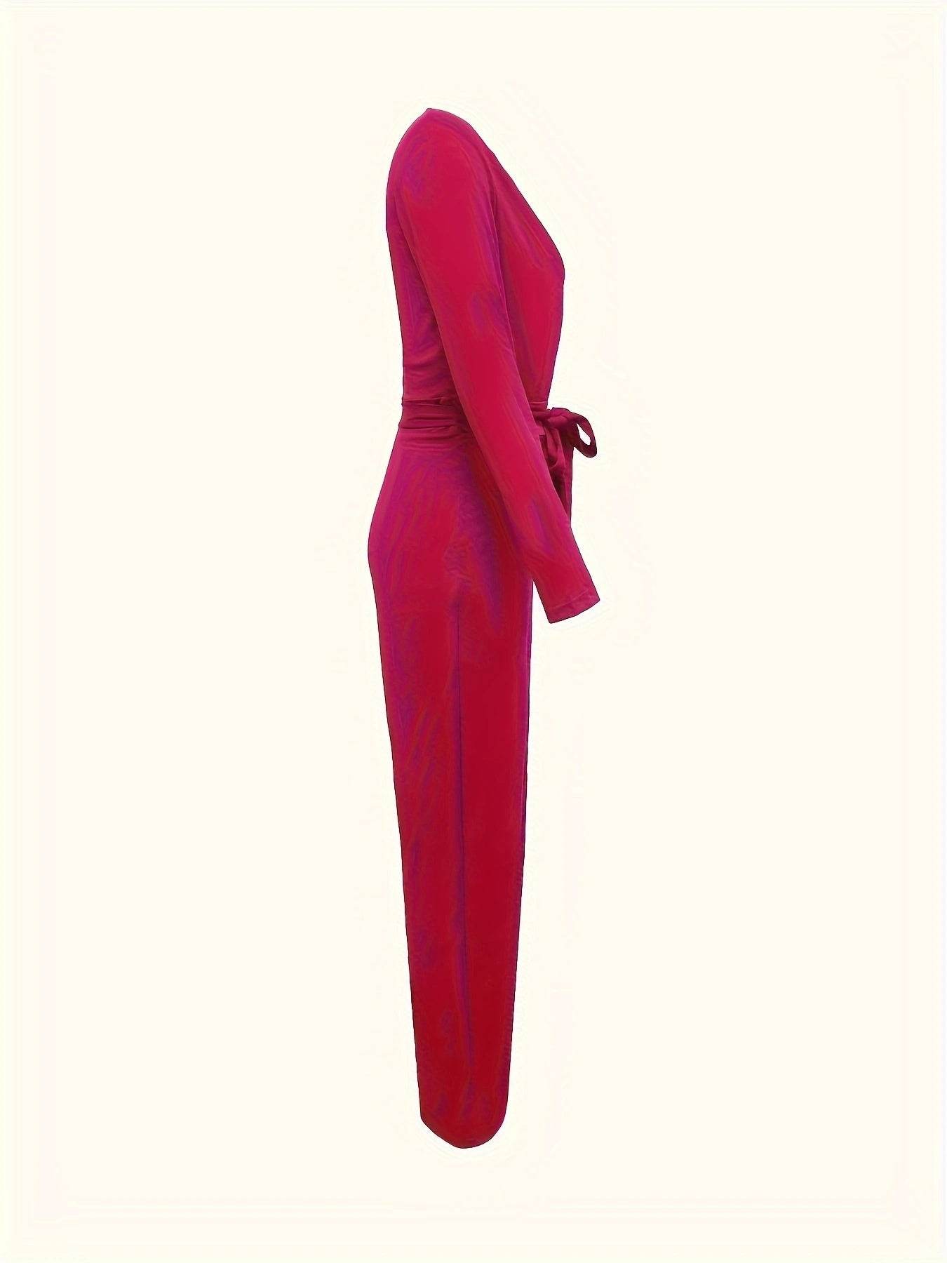 Women's Slimming V-neck Bow Tie Waist Jumpsuit - Casual Spring & Autumn - Buy Center US