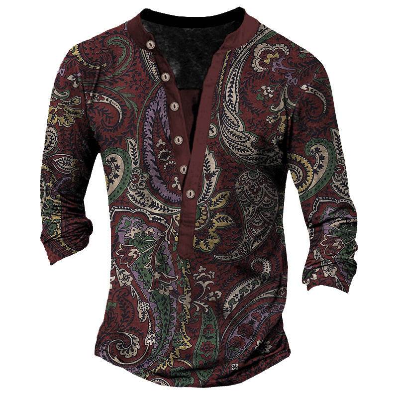 Printed Retro Fashion Casual Henry Neck T-shirt - Long Sleeves, Comfortable Fit - Buy Center US
