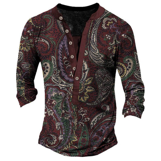 Printed Retro Fashion Casual Henry Neck T-shirt - Long Sleeves, Comfortable Fit - Buy Center US