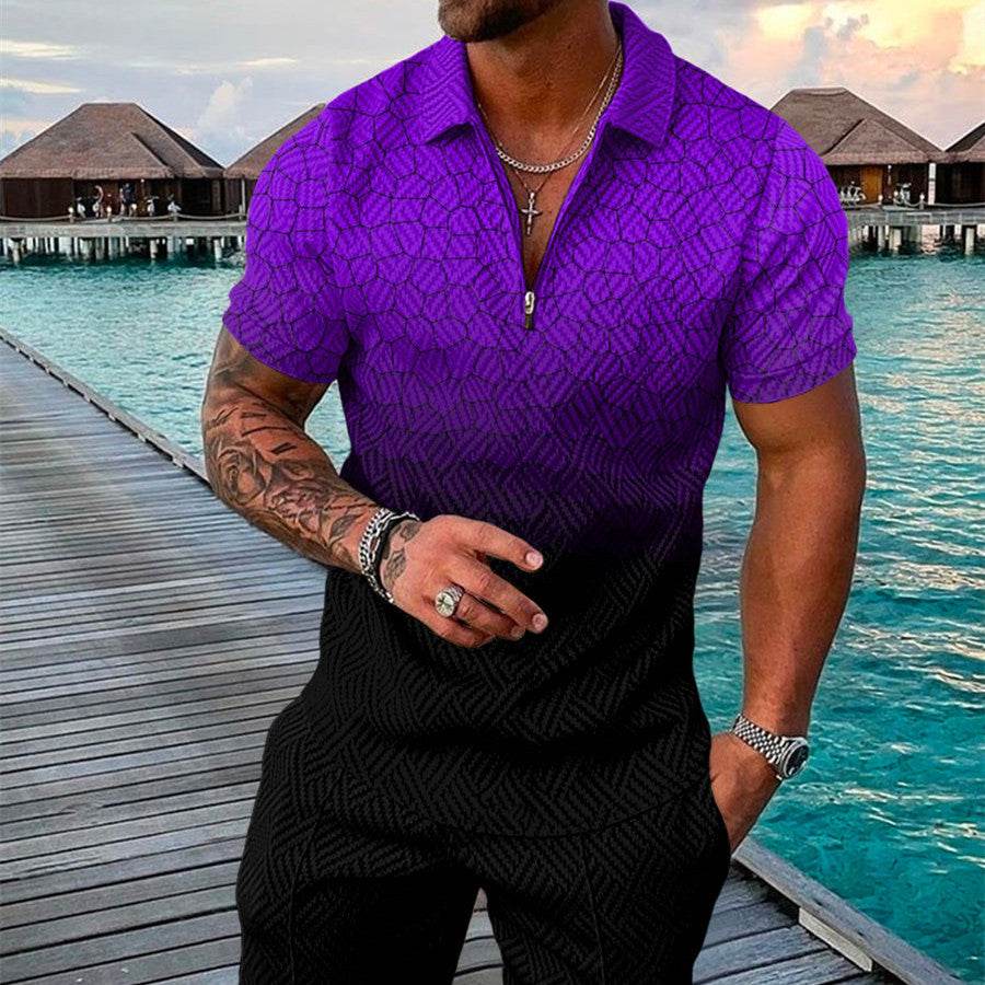 Men's 3D Printed Summer Shirt Set - Geometric Zip Lapel Style - Buy Center US