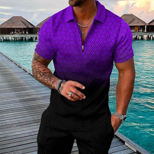 Men's 3D Printed Summer Shirt Set - Geometric Zip Lapel Style - Buy Center US