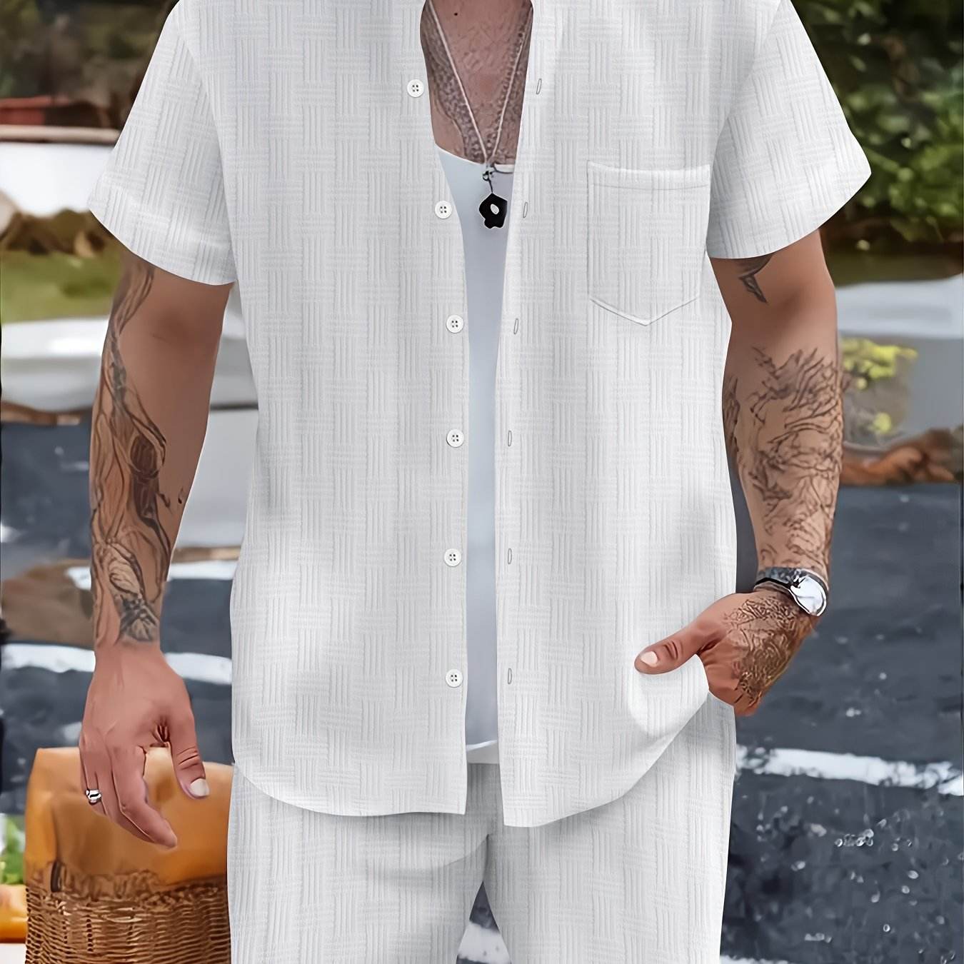 Men's Summer Casual 2-Piece Beach Outfit - Striped Short Sleeve Shirt & Shorts - Buy Center US