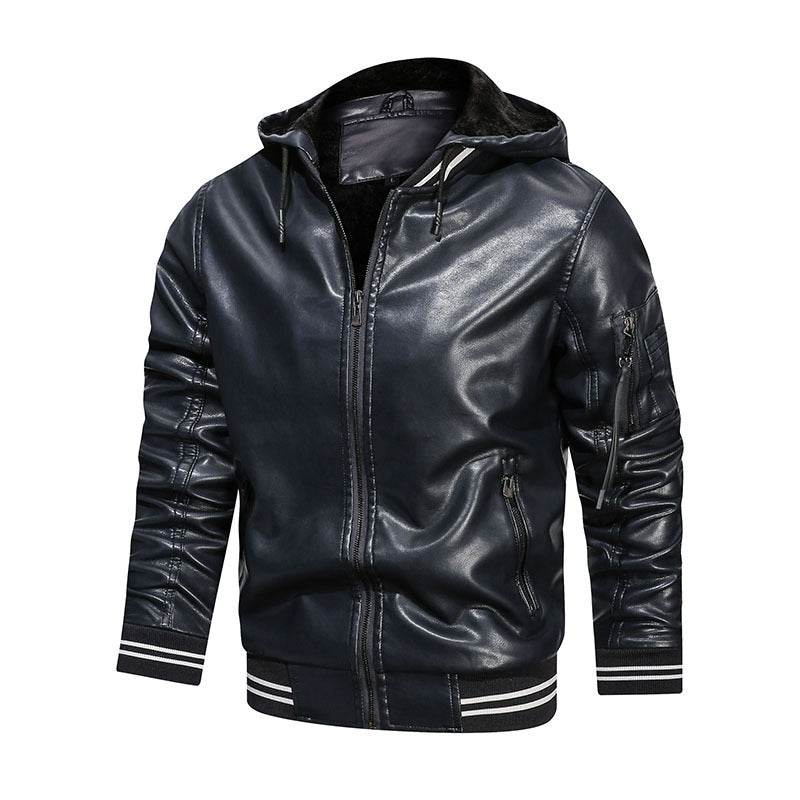 Buycenter Men's Hooded Leather Jacket - Multi-Pocket Casual Style - Buy Center US