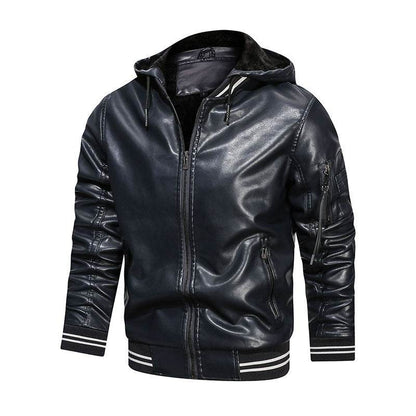 Buycenter Men's Hooded Leather Jacket - Multi-Pocket Casual Style - Buy Center US