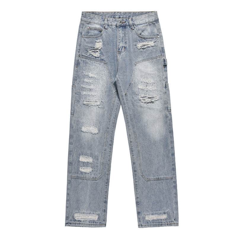 Washed & Frayed Ripped Jeans for Men - Casual Light Blue Retro Style - Buy Center US