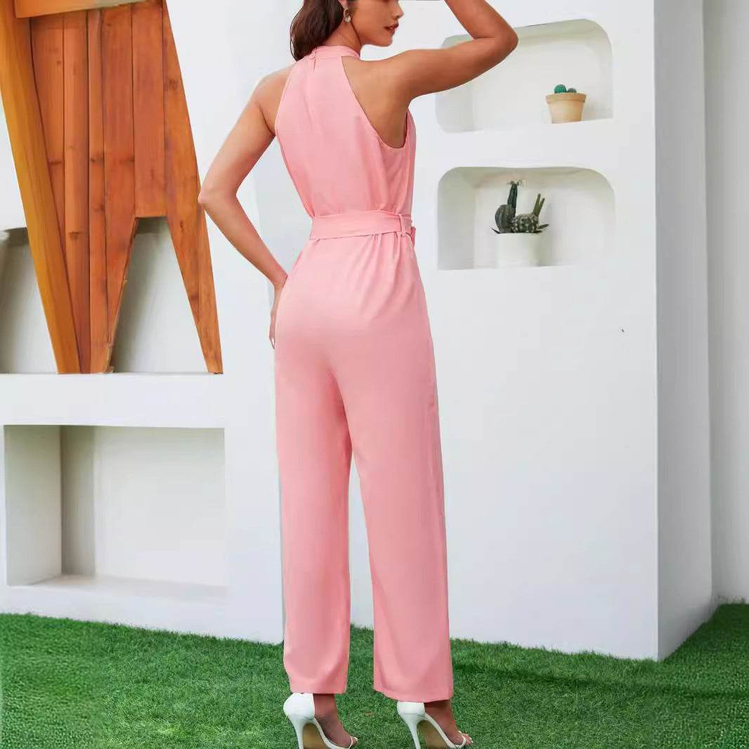 Summer Sleeveless Halter Lace Up Jumpsuit - Casual Pink Outfit for Women - Buy Center US