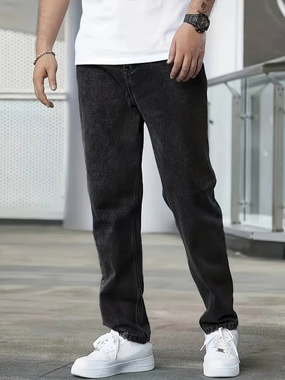 Men's Loose Fit Straight Leg Jeans - Washed Black Cotton Blend, Casual Style - Buy Center US