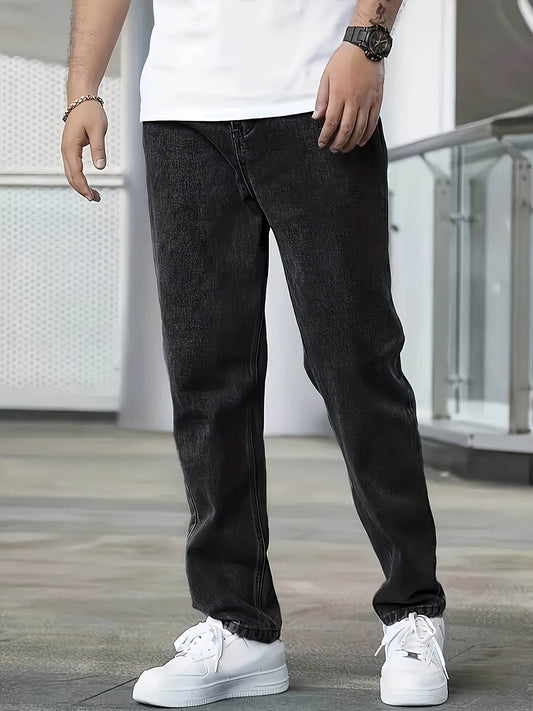 Men's Loose Fit Straight Leg Jeans - Washed Black Cotton Blend, Casual Style - Buy Center US