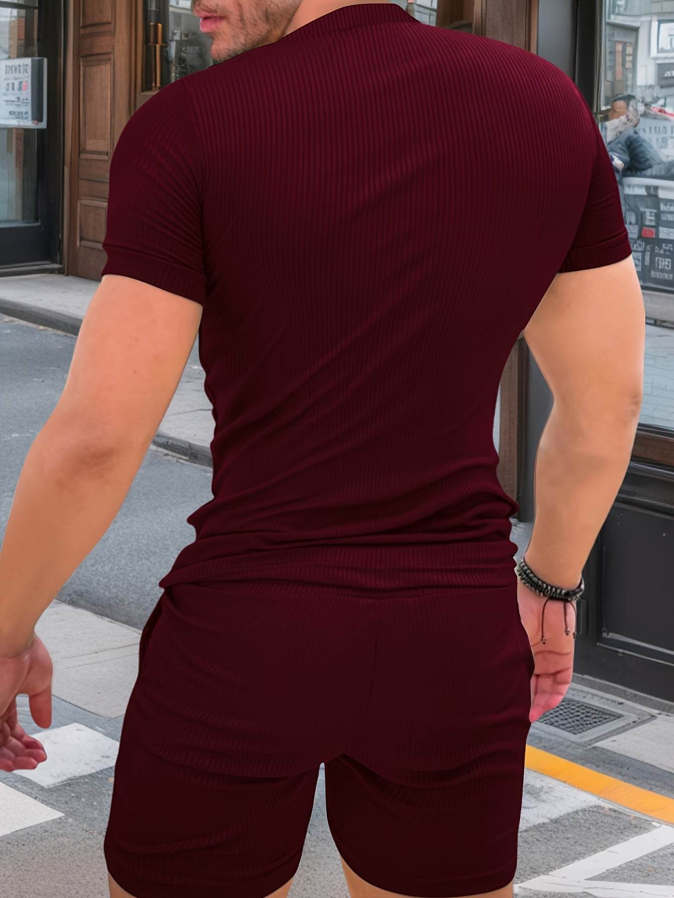 Men's Casual Two-Piece Set - Solid Color Short Sleeve Top & Drawstring Shorts - Buy Center US