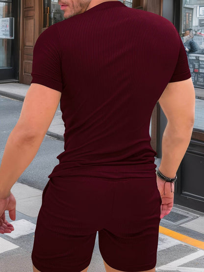 Men's Casual Two-Piece Set - Solid Color Short Sleeve Top & Drawstring Shorts - Buy Center US