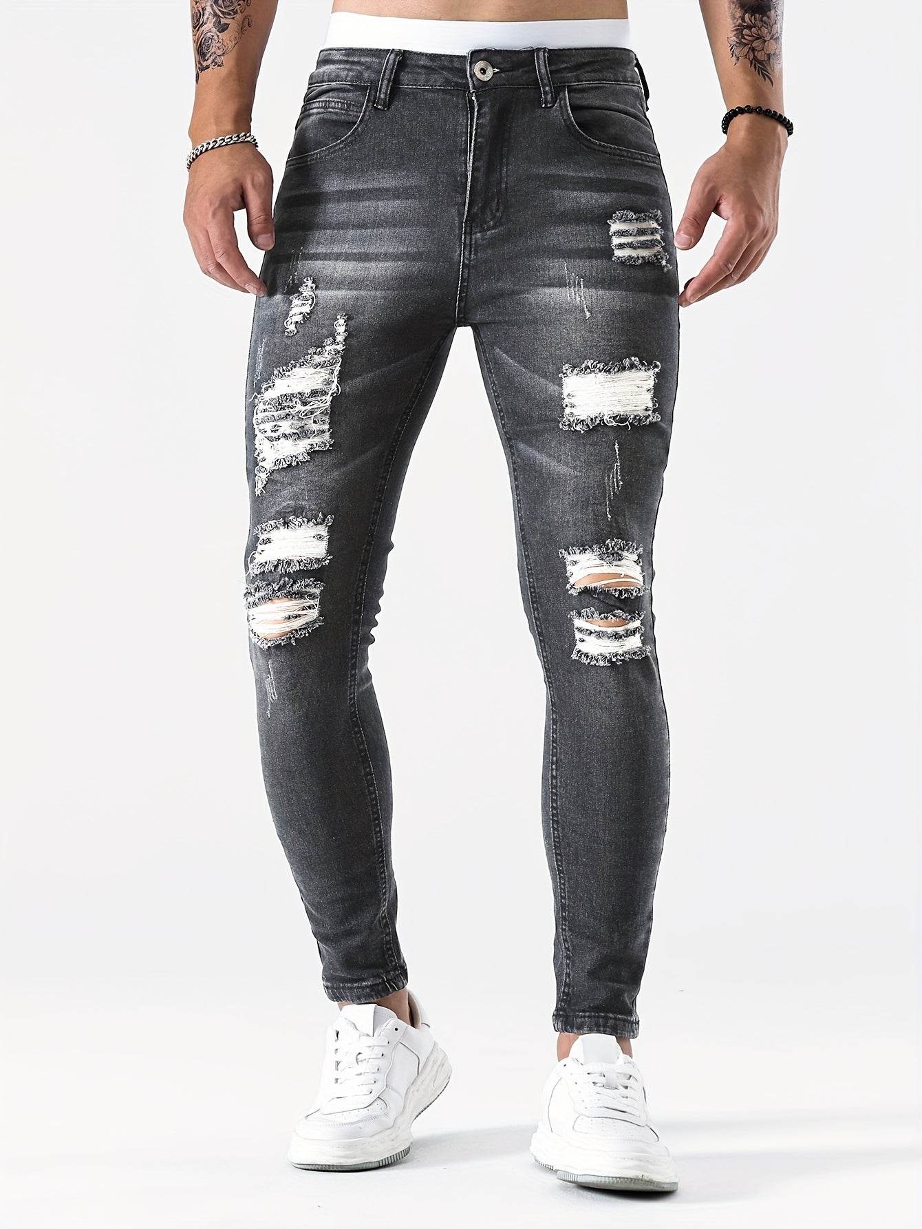 Men's Slim Fit Ripped Jeans - Distressed Medium Stretch Street Style - Buy Center US