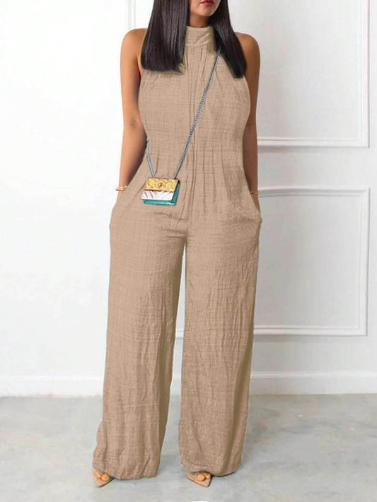 Young Women's Sleeveless Halter Jumpsuit - Flared Animal Print Style - Buy Center US