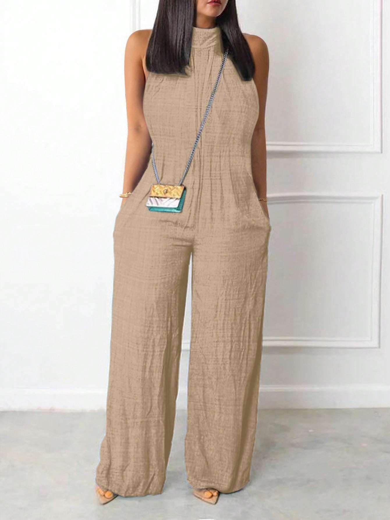 Young Women's Sleeveless Halter Jumpsuit - Flared Animal Print Style - Buy Center US