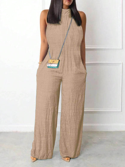 Young Women's Sleeveless Halter Jumpsuit - Flared Animal Print Style - Buy Center US