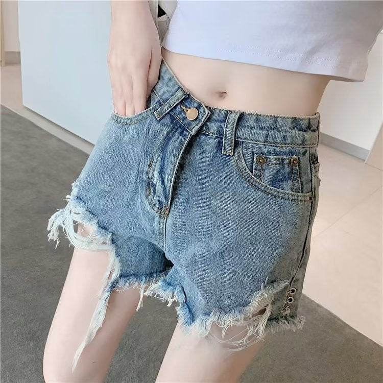Vintage Denim Shorts - Micro Elastic High Waist with Frayed Design - Buy Center US