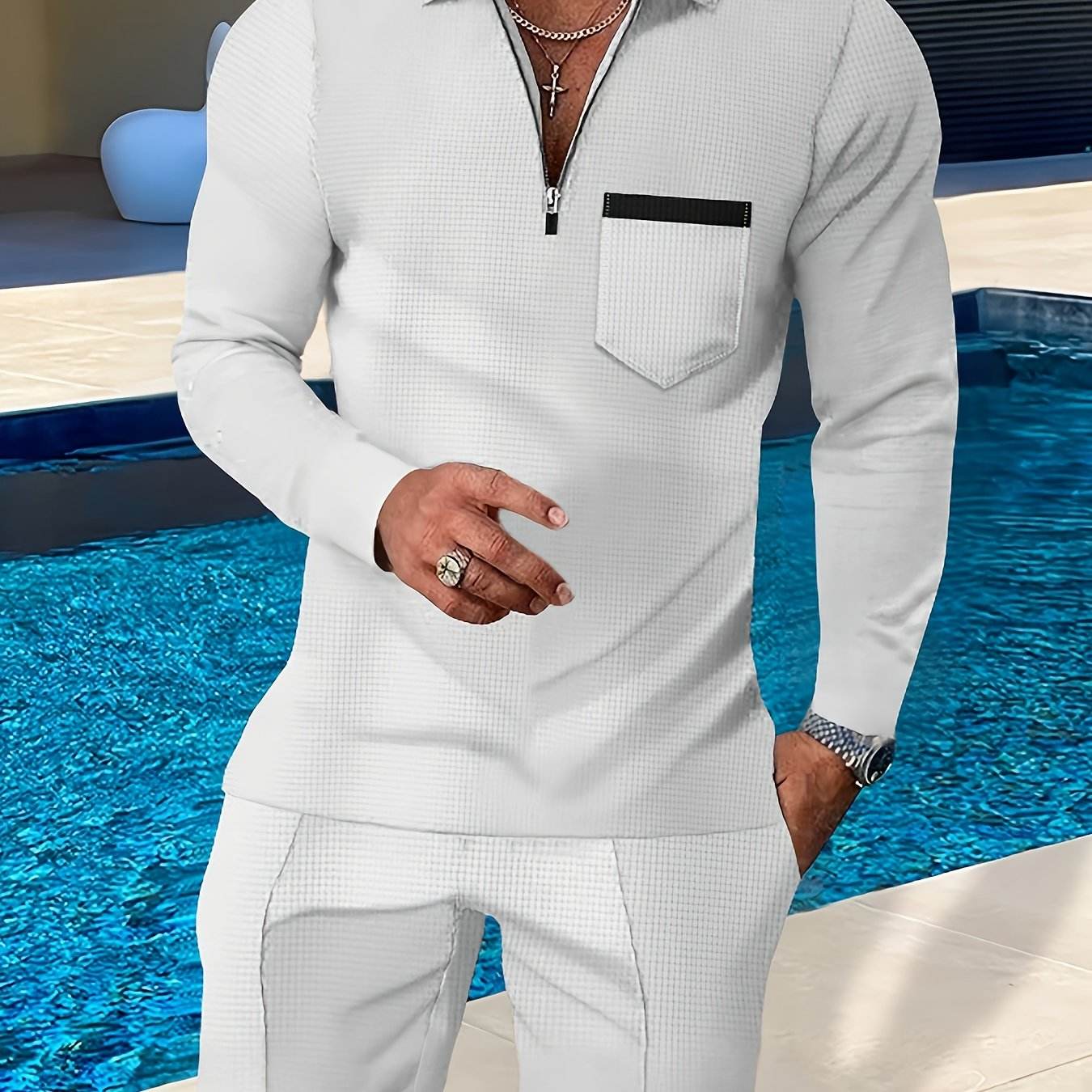 Men's Casual Long-Sleeve Pantsuit - Zipper Detail, Regular Fit, Polyester - Buy Center US
