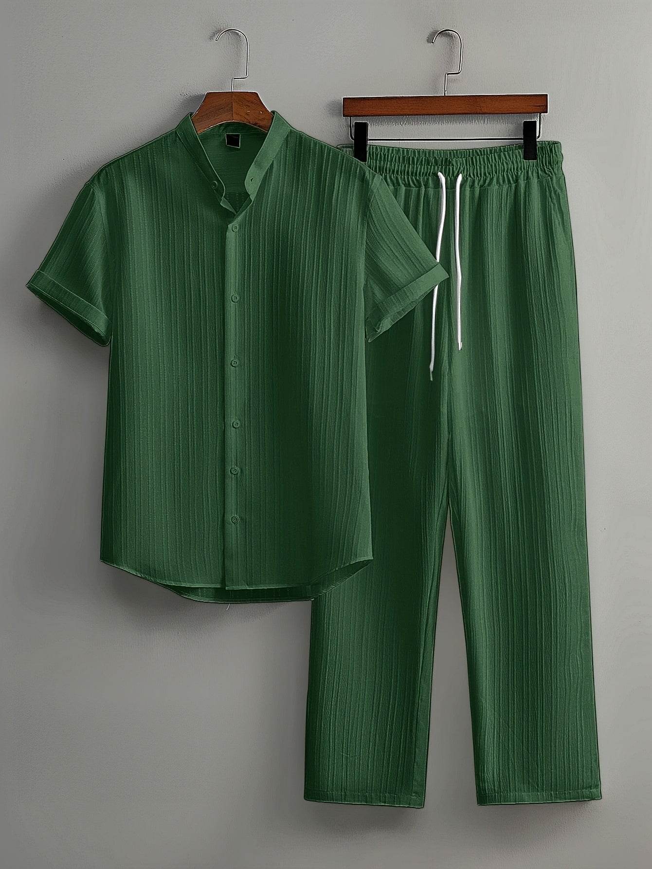 Men's Summer Striped Suit Set - Short Sleeve Shirt & Drawstring Pants - Buy Center US