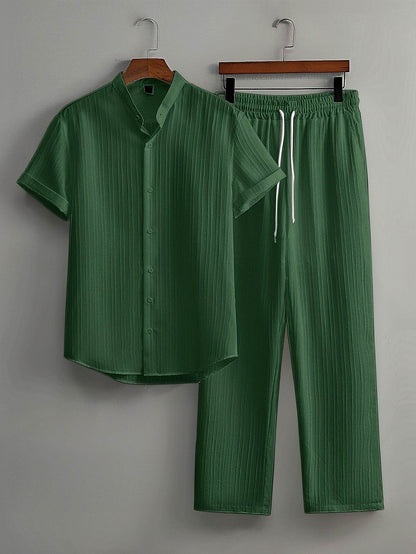 Men's Summer Striped Suit Set - Short Sleeve Shirt & Drawstring Pants - Buy Center US