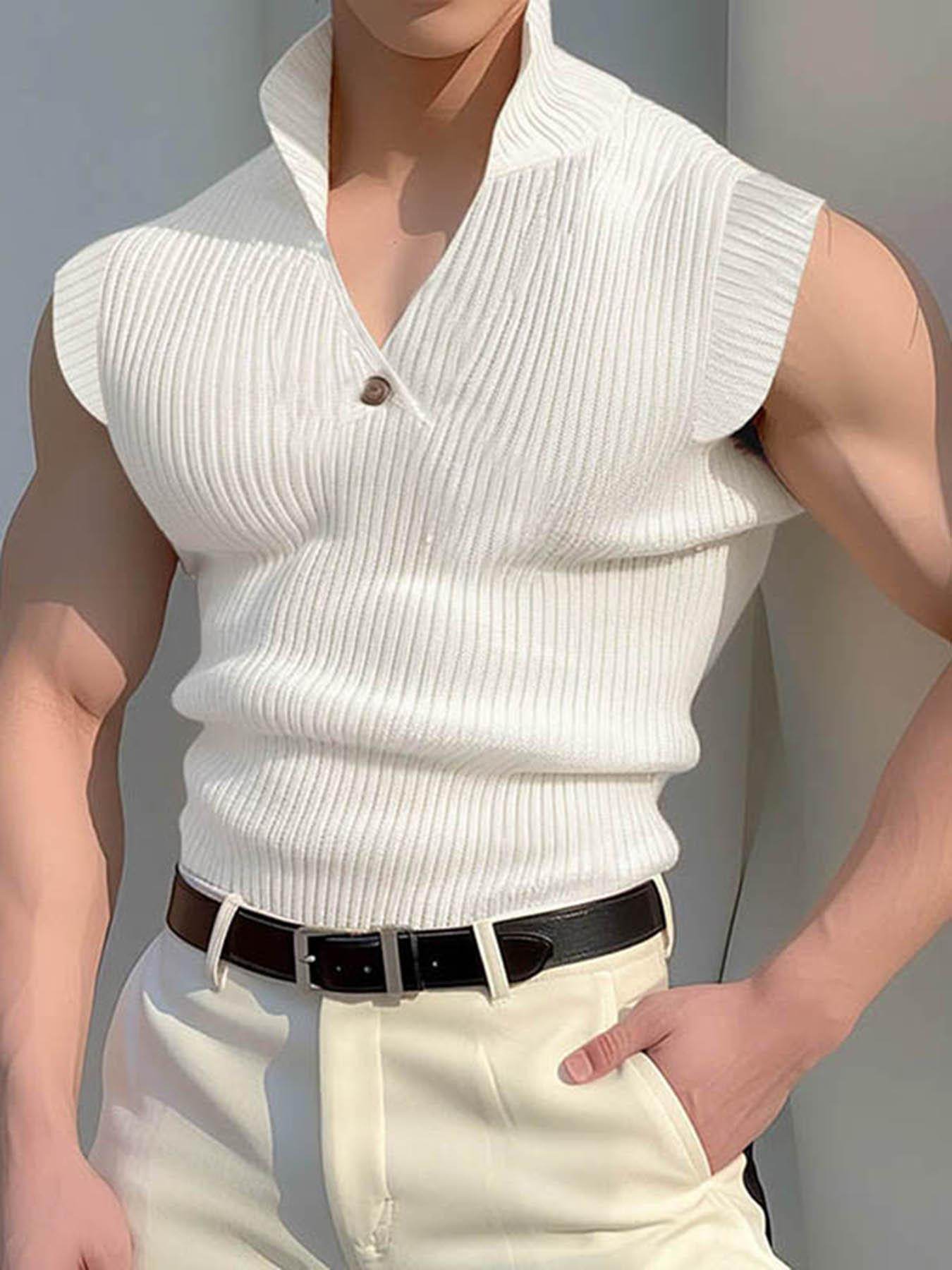 Men's Casual Ribbed Knit Sleeveless Shirt - Lapel Collar Button-Up Tank - Buy Center US