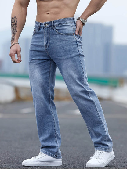 Men's Light Blue Washed Jeans - Relaxed Fit, High-Quality Cotton Blend - Buy Center US