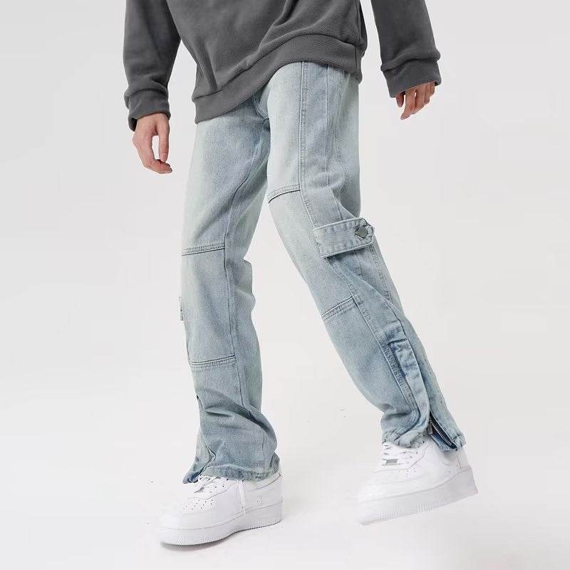 Retro Wide Leg Straight Jeans - American Style Light Blue Water Scrubbing - Buy Center US