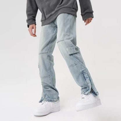 Retro Wide Leg Straight Jeans - American Style Light Blue Water Scrubbing - Buy Center US