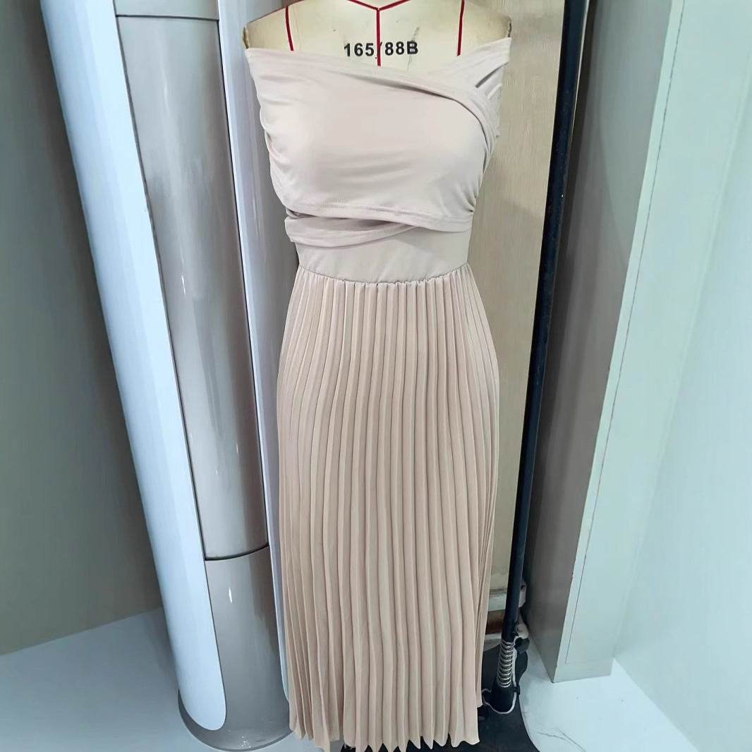 Women's Elegant A-Line Dress - Pleated French Style in Apricot - Buy Center US